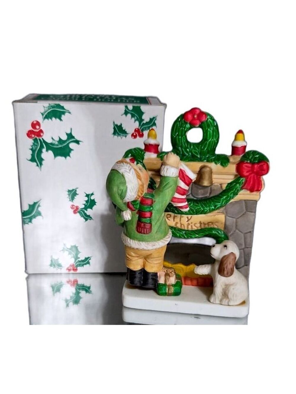 Night Before Christmas Candle Holder Figurine with boy & Dog by Fireplace w/box